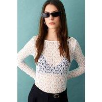 Dilvin Women's Slim Fit Lace Boat Neck Blouse in White | Size: Large