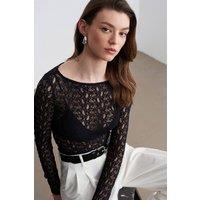 Dilvin Women's Slim Fit Lace Boat Neck Blouse in Black | Size: Large
