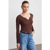 Dilvin Women's Slim Fit Cotton Long Sleeve Button Blouse in Brown | Size: Small