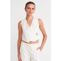 Dilvin Women's Women's Striped Crop Waistcoat With Belt in White | Size: Medium