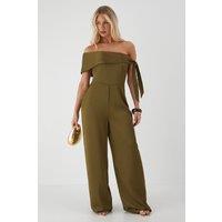 MissPap Women's Satin Tie Shoulder Wide Leg Jumpsuit in Olive | Size: 8