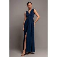 Goddiva Women's Gathered Shoulder Wrap Neck Draped Waist Maxi Dress in Navy | Size: 8