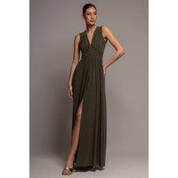 Goddiva Women's Gathered Shoulder Wrap Neck Draped Waist Maxi Dress in Khaki | Size: 10