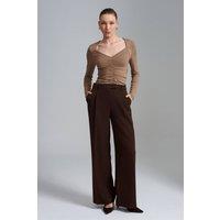 Dilvin Women's High-Waist Wide-Leg Crepe Trousers in Chocolate | Size: Medium
