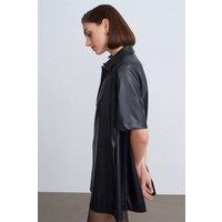 Dilvin Women's Loose Fit Faux Leather Mini Shirt Dress in Black | Size: Medium