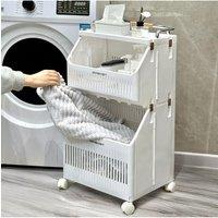 Living and Home 3-Tier Rolling Laundry Basket Hamper Cart with Holder Shelf in White
