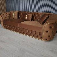 Stratus Interiors Ambassador Sofa Chesterfield Toronto Gold Trim Velvet No Frill Design in Terracotta