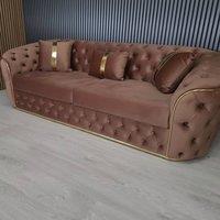 Stratus Interiors Ambassador Sofa Chesterfield Toronto Gold Trim Velvet No Frill Design in Taupe