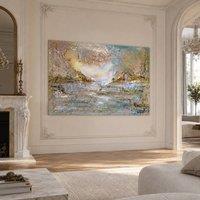 Mafett Premium Blue Gold Abstract Landscape Canvas Wall Art | Size: 200 cm x 100 cm
