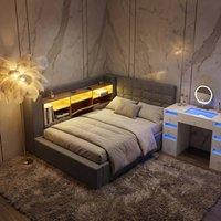 FENCHILIN LED Daybed Frame Upholstered with Hydraulic Storage, Charging Station in Grey | Size: Single