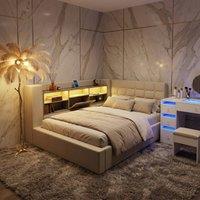 FENCHILIN LED Daybed Frame Upholstered with Hydraulic Storage, Charging Station in Beige | Size: Single