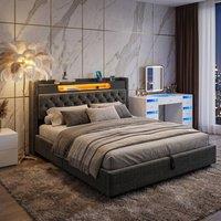 FENCHILIN LED Bed Frame Upholstered with Hydraulic Storage, Charging Station in Grey | Size: Super King