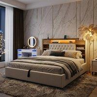 FENCHILIN LED Bed Frame Upholstered with Hydraulic Storage, Charging Station in Beige | Size: Double