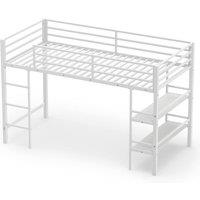 Costway Single Size Metal Loft Bed Metal Bed Frame w/Guardrails & Shelves in White