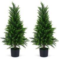 Costway 2PCS 90cm Artificial Cedar Cypress Trees Faux Topiary Bushes Plants in Green