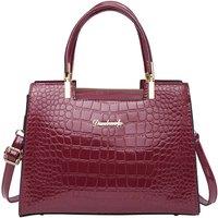 MODISHION Women's Glossy PU Croc-Embossed Handbag with Crossbody Strap in Wine