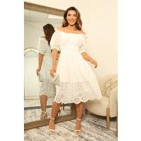 DOUBLE SECOND Women's Broderie Lace Bardot Midi Dress in White | Size: 8