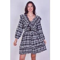 ELAINA FASHION Women's Frill Detail Check Smock Dress in Black