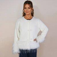 PEACH ACCESSORIES Women's Feather-Trim Cropped Double Row Buttons Cardigan in Ivory