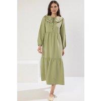 WOVCOR Women's Embroidered Detail Linen Look Shift Midi Dress in Green | Size: 10