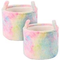 OHS 2 x Storage Basket Faux Fur Tie Dye Laundry Clothes Shoe Organiser in Pink