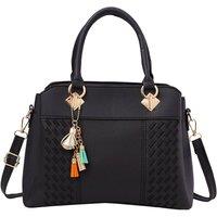 MODISHION Women's Minimalist Lychee Grain Handbag with Tassel Pendants in Black