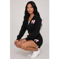STYLEWISE Women's Bow Detail Fleece Hooded Top & Shorts Co-Ord Set in Black | Size: XS