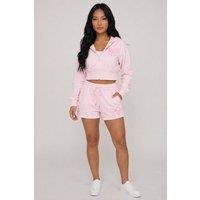 STYLEWISE Women's Bow Detail Fleece Hooded Top & Shorts Co-Ord Set in Pink | Size: Small