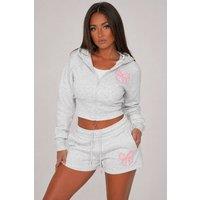 STYLEWISE Women's Bow Detail Fleece Hooded Top & Shorts Co-Ord Set in Light Grey | Size: Large