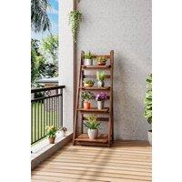 H&O Direct 4 Layer Rustic Wooden Foldable Ladder Shelf for Plants in Dark Brown