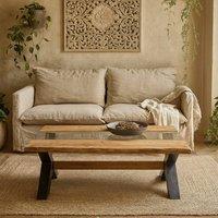 Wyld Haus Vouvant Live Edge Mango Wood & Glass Coffee Table Black X Frame Base in Natural