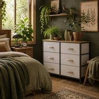 Wyld Haus Nali 6 Drawer Cream White Fabric Dresser Steel Frame & Maple Effect