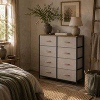 Wyld Haus Neyo 8 Drawer Cream White Fabric Dresser Maple Wood Effect Top