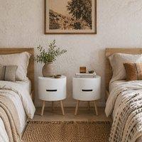 Wyld Haus Amelia Set of 2 White Round 3 Tier Bedside Tables Storage & Tray in Natural White