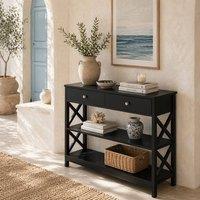 Wyld Haus Kafa 100cm Black MDF Console Table X Frame 2 Drawers 2 Shelves