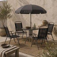Wyld Haus Jattare 4 Seater Metal Mesh Garden Dining Set Parasol Chairs & Table in Black