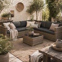 Wyld Haus Lofa Mixed Brown 6 Seater Outdoor Rattan Corner Sofa Set Cushions and