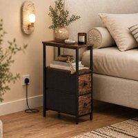 Wyld Haus Suro Narrow Bedside Table 2 Fabric Drawers with Charging Station in Brown