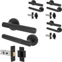 AFIT Matt Black Door Handles Round Rose with Latch, 4 Pairs Knurled | Size: 150mm x 150mm
