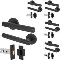 AFIT Matt Black Door Handles Round Rose with Latch, 5 Pairs Knurled | Size: 150mm x 150mm