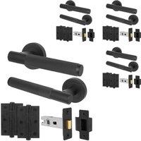 AFIT Matt Black Door Handles Rose Latch Kit, 4 Pairs Knurled with Hinges | Size: 150mm x 150mm