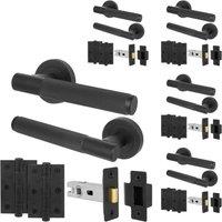AFIT Matt Black Door Handles Rose Latch Kit, 5 Pairs Knurled with Hinges | Size: 150mm x 150mm