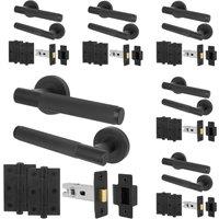 AFIT Matt Black Door Handles Rose Latch Kit, 6 Pairs Knurled with Hinges | Size: 150mm x 150mm