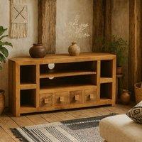 Wyld Haus Manila Light Mango Wood Corner TV Unit 4 Drawers Open Shelving in Brown