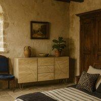 Wyld Haus Bali Extra Large Mango Wood Sideboard Gold Inlays 3 Drawers 2 Doors in Brown