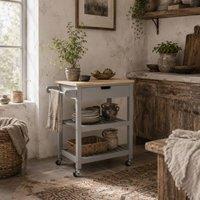 Wyld Haus Vena Grey Kitchen Trolley Natural Rubberwood Worktop Drawer Shelves