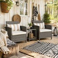 Wyld Haus Reha 3 Piece Grey Rattan Bistro Set 2 Tier Glass Table Stripe Cushions in Light Grey