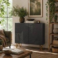 Wyld Haus Diro High Gloss Black Sideboard Geometric Pattern Gold Hairpin Legs