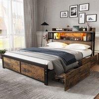 Matteo Metal Bed, 4ft6 Double Bed With LED Light Strip & 2 Drawers, 3 Charge Port, Youth Bed in Black