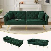 BTM Green Velvet 2-Seater Sofa Bed with 3-Stage Backrest & Gold Feet | Size: A